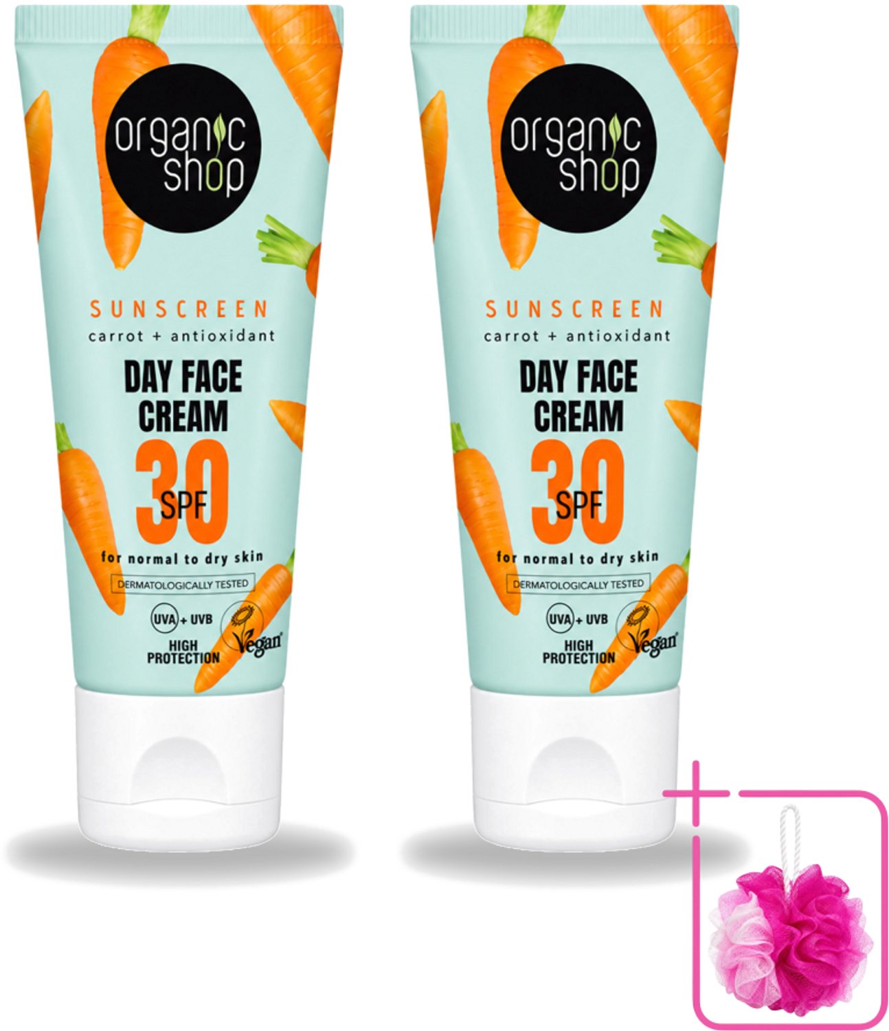 2 x Organic Shop - Zonnebrandcrème Gezicht SPF 30 - Normale Huid - 50 ml - Bulkverpakking - Zonbescherming - Douchemop - Gezichtscreme