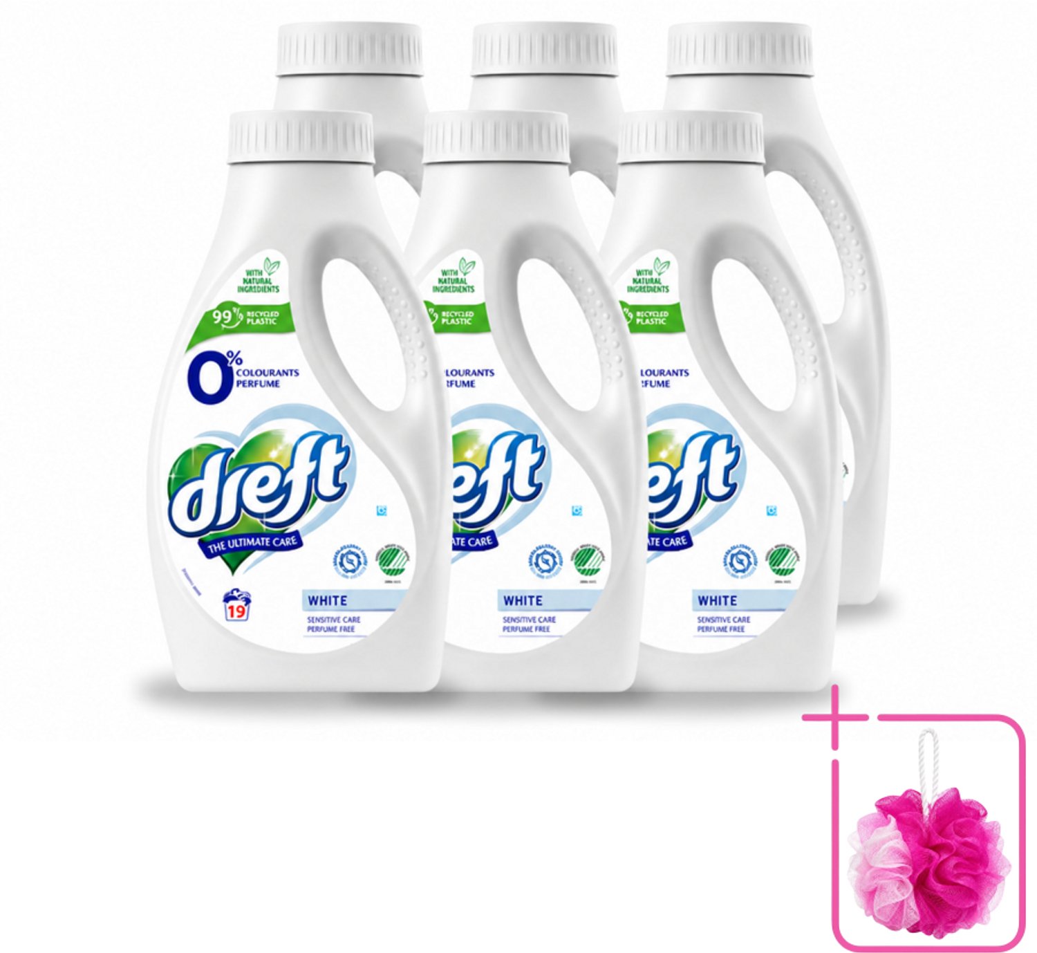 6 x Dreft - Vloeibaar Wasmiddel - 0% Witte Was - Geurvrij & zacht - 19 Wasbeurten - Bulkverpakking - Wasmiddel voor gevoelige huid - Douchemop - 0% parfum was