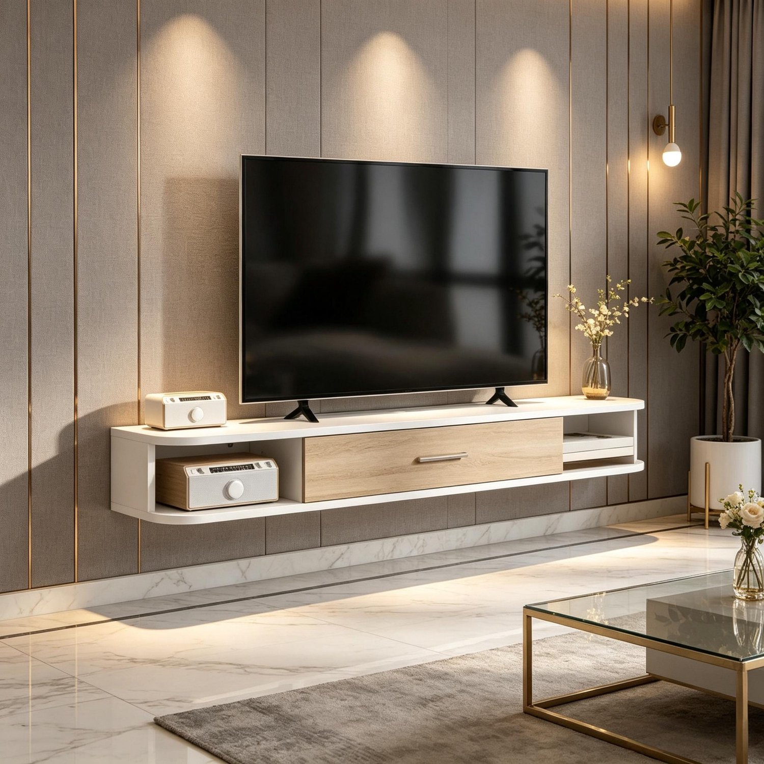Clruro TV-Meubel - 120×26×16 cm - Zwevend - Klepdeur en Open Vakken - MDF - Wit/Eikenlook