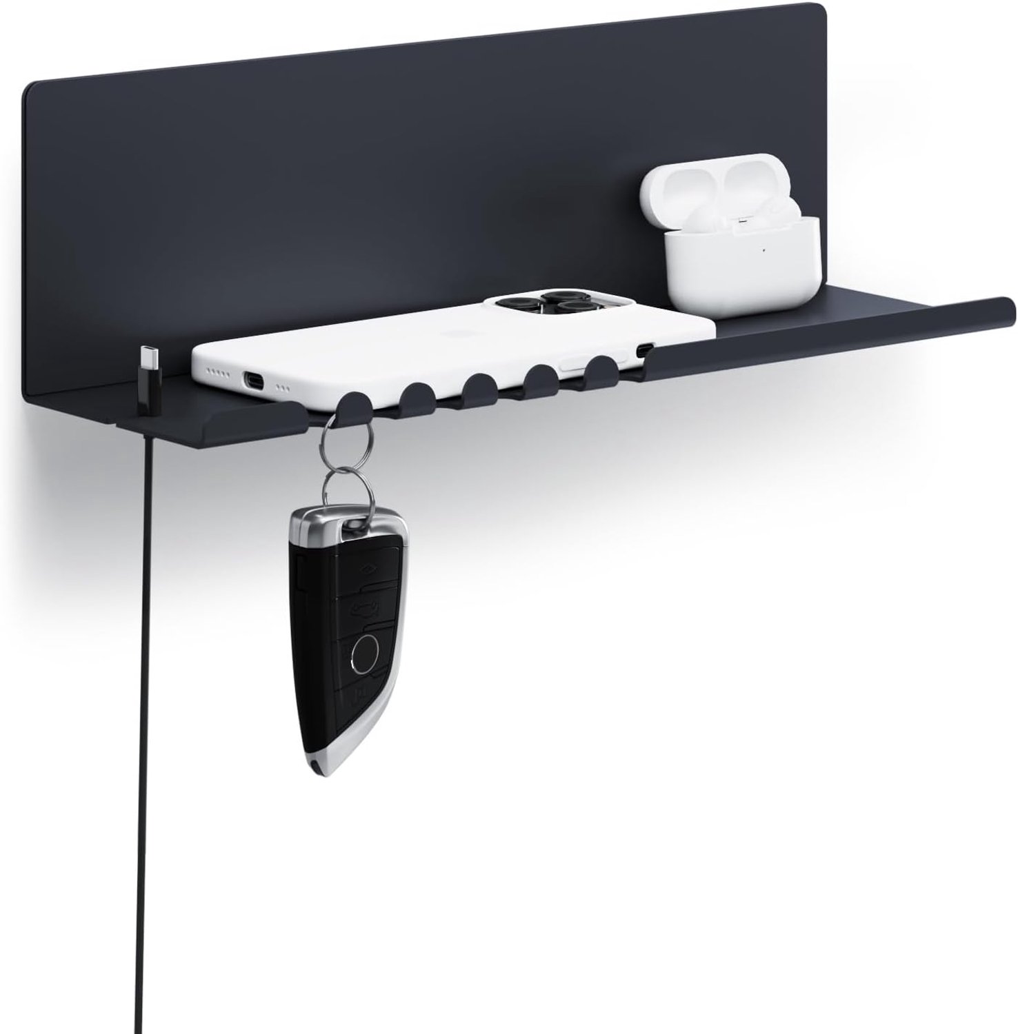 Byde Helke Wandplank, 30 x 9 x 9 cm, organizer voor sleutels, brieven en kleine voorwerpen. Sleutelhaken, 5 sleutelhaken, kabelhouder voor oplader. Kleur Zwart