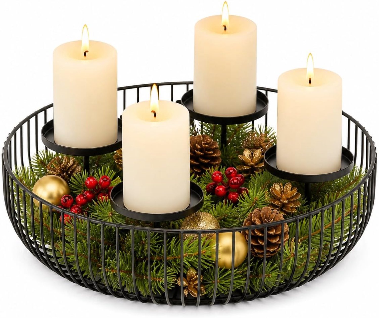Adventskrans, metaal, zwart, 30 cm, rond, met 4 kandelaars