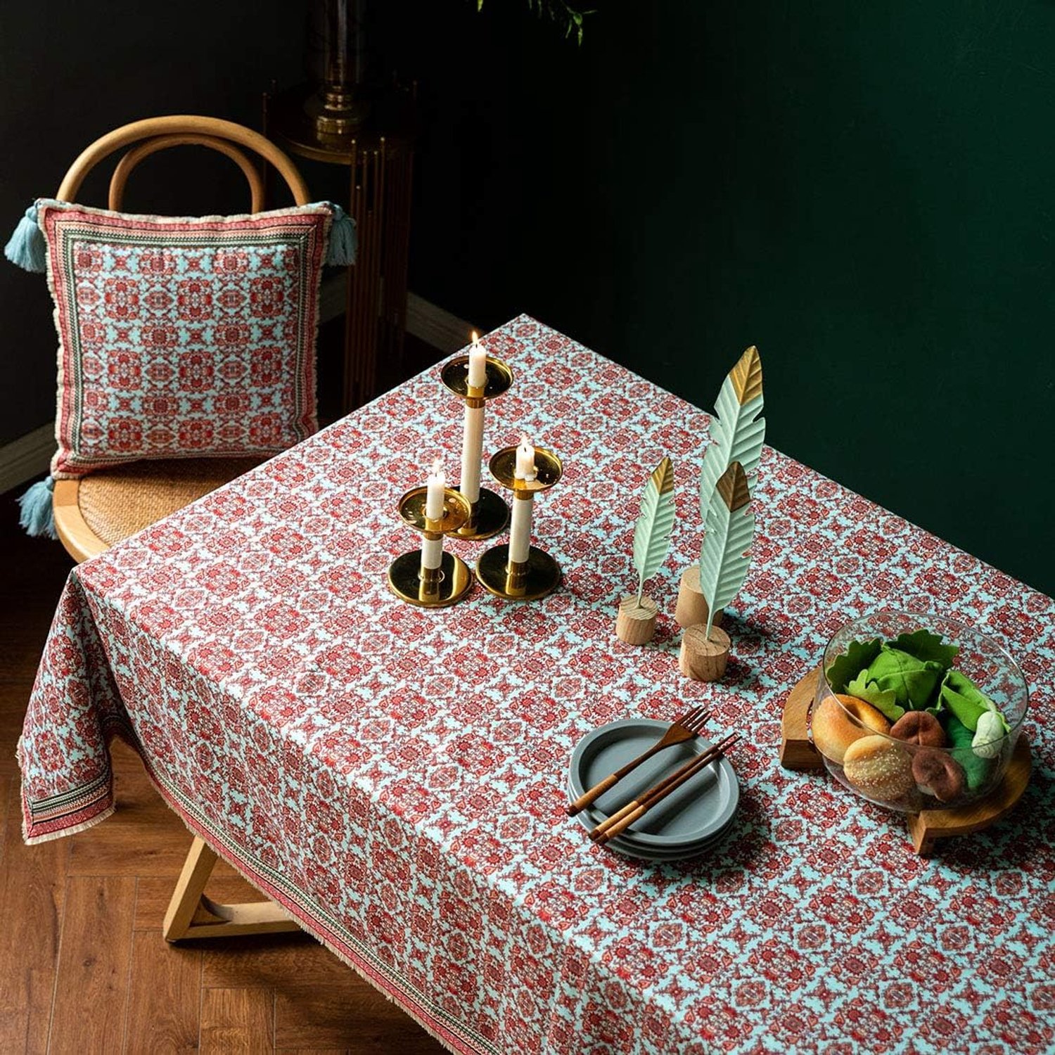 V-intage bloemenprint tafelkleed katoenmix stof stofdicht borduurrand decoratieve tafelbladafdekking compatibel met keuken eetkamer feest,woonkamer slaapkamer (rood 55 x 71 inch)