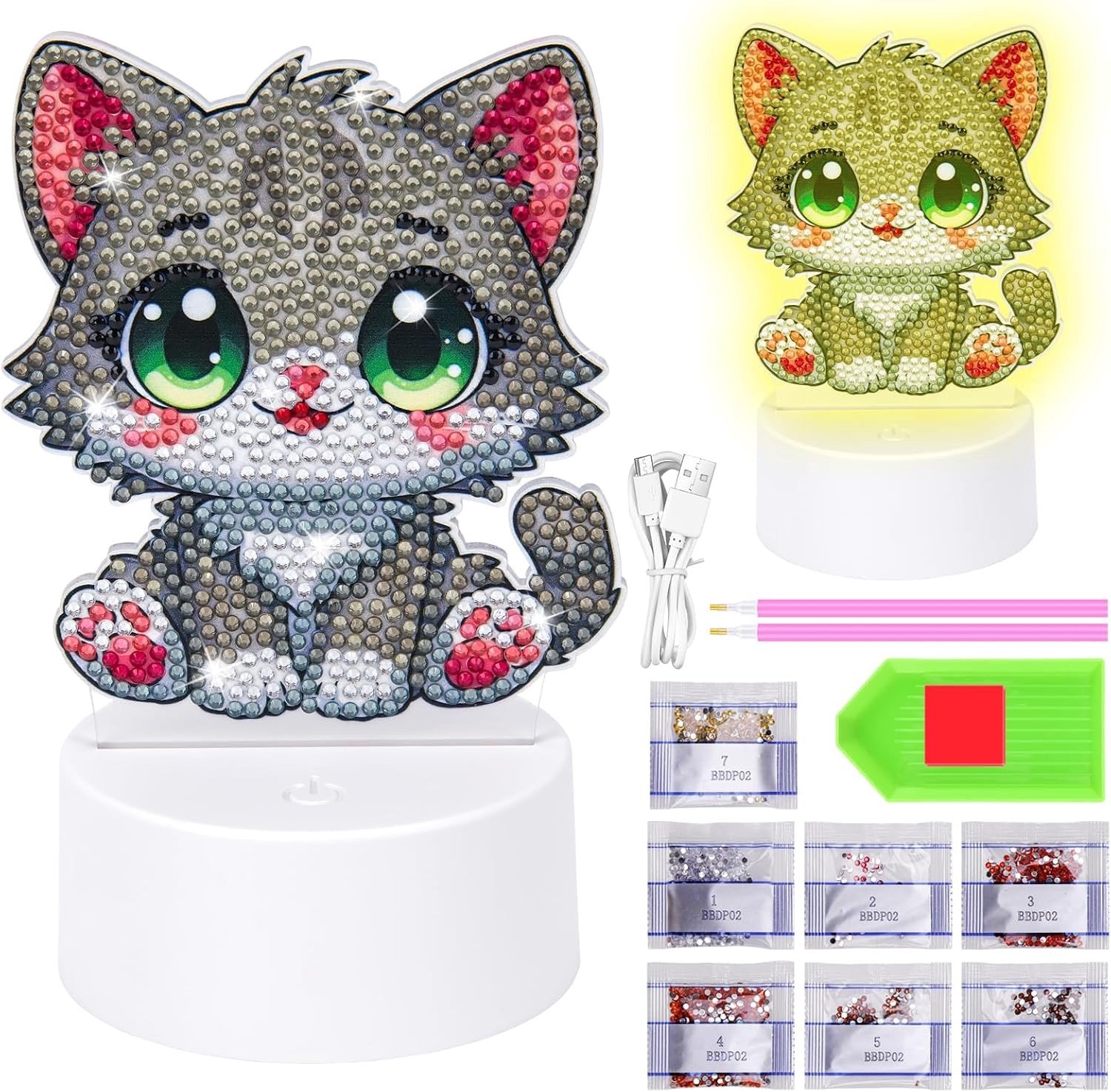 Diamond schilderij nachtlampje - Grijze kat - Kat - Creatief doe-het-zelf lampje voor volwassenen - Perfect als cadeau