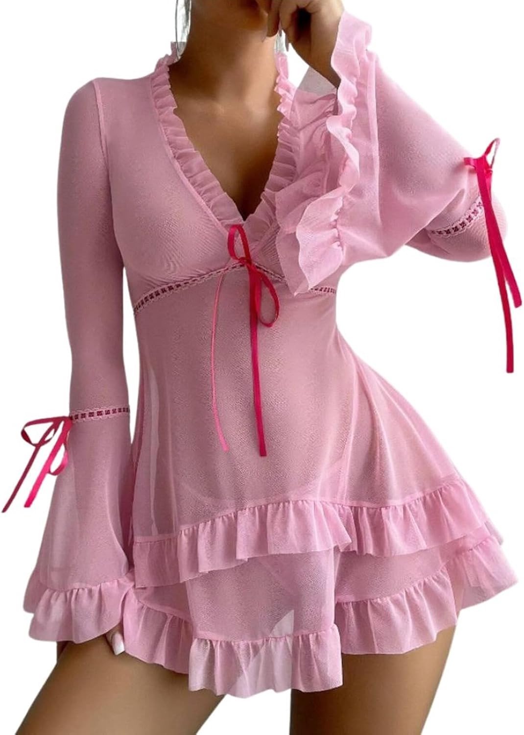 Dames Babydoll Nachtjapon met Transparante Ruffles en V-Hals, Lange Mouwen, Sexy Lingerie Set met Kanten Details en Constring Design