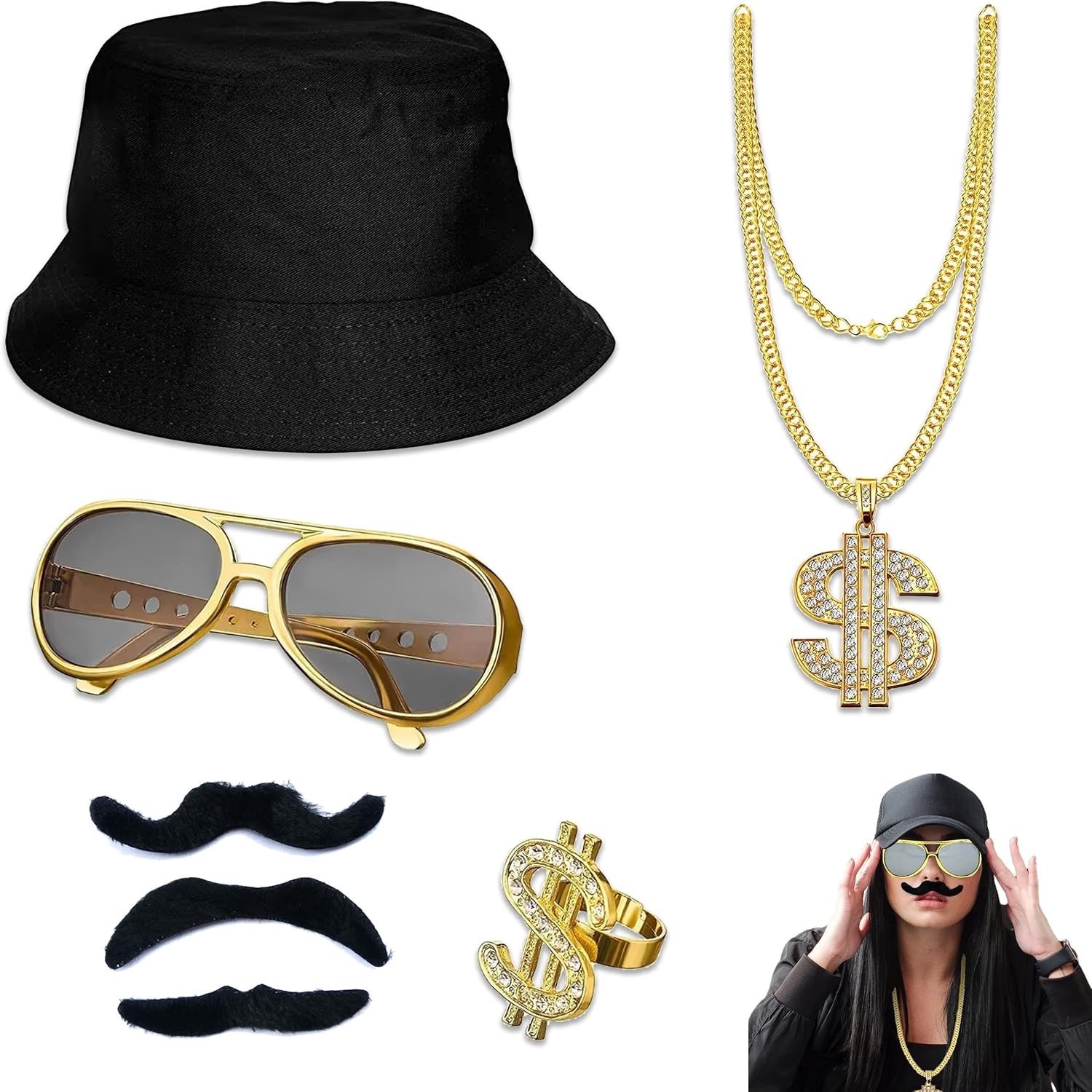 Complete Hip Hop Kostuum Set met 5 Stukken, Retro 80s 90s Rapper Accessoires, Inclusief Hoed, Zonnebril, Dollar Ketting, Ringen en Kunstmatige Baard voor Mannen en Vrouwen