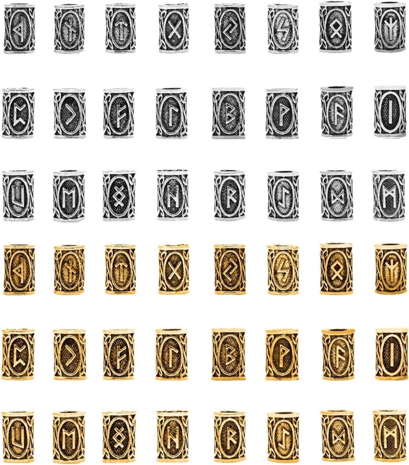 Viking Baard Kralen Set van 48 Stuks met Noorse Runes voor Haarvlechten en Sieraden Creaties in Zilver en Antiek Goud