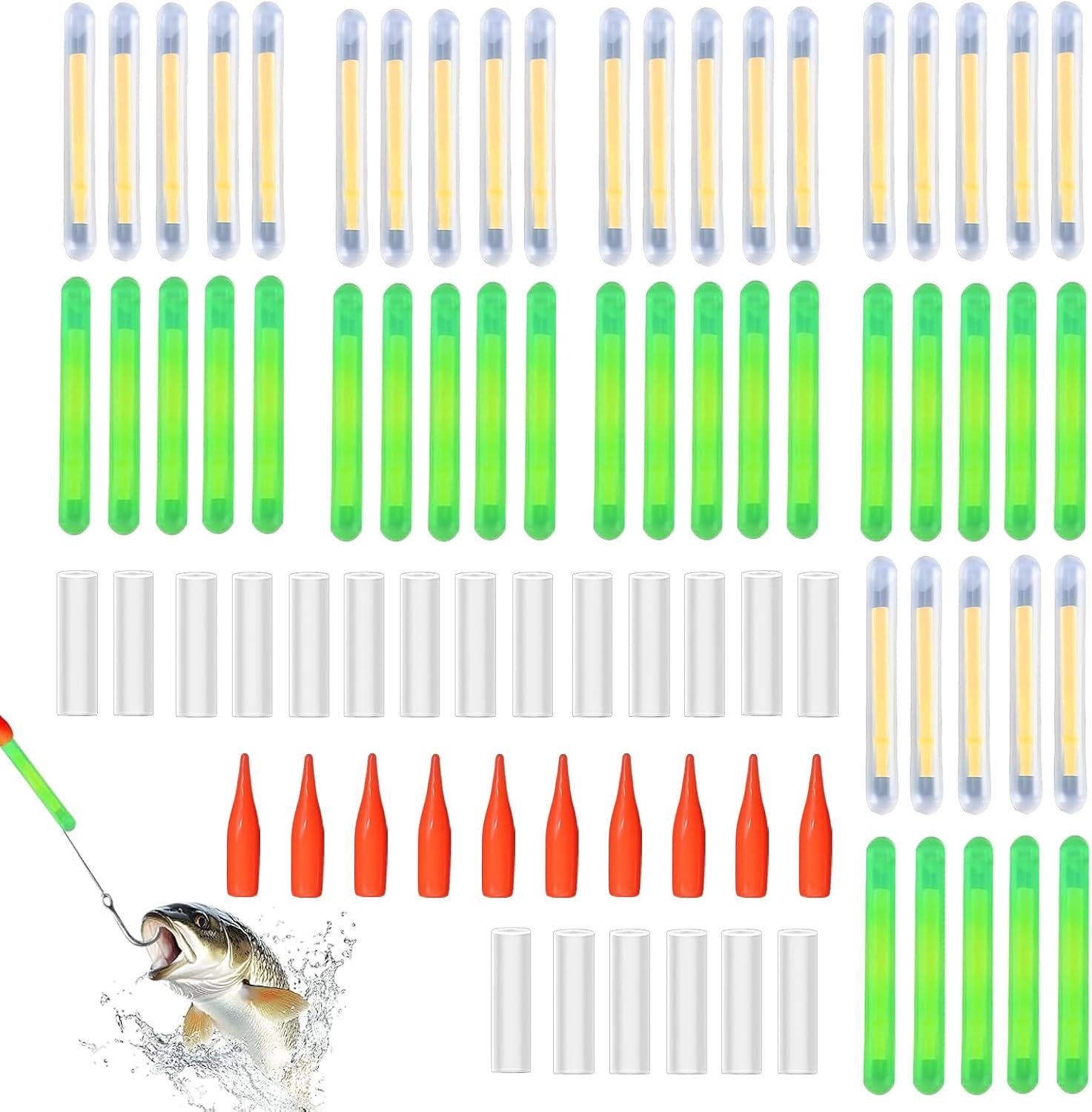 Knikstaafjes voor vissen, 50 stuks, extra heldere glow-sticks, nachthengel, groen, met rode kop + transparante slang, voor nachtvissen, zeevissen (45 mm), dagelijks gebruik.