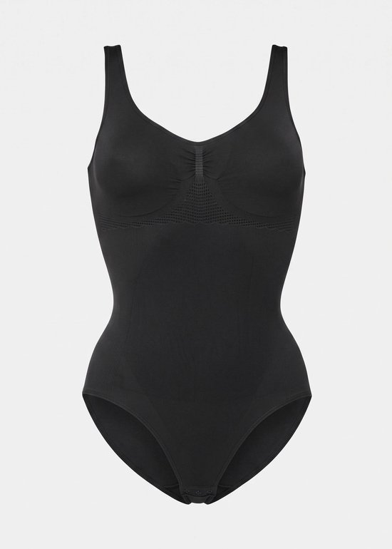 Zwarte body met V-hals, versteviging rond de buste en een open kruis.