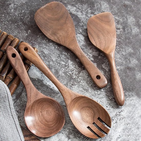 4 stuks houten keukengerei set (C5), natuurlijke zwarte walnoot lepels, verdikte pollepel, hout sleufspatel draaier, extra lange menglepel, schraper — afbeelding 5