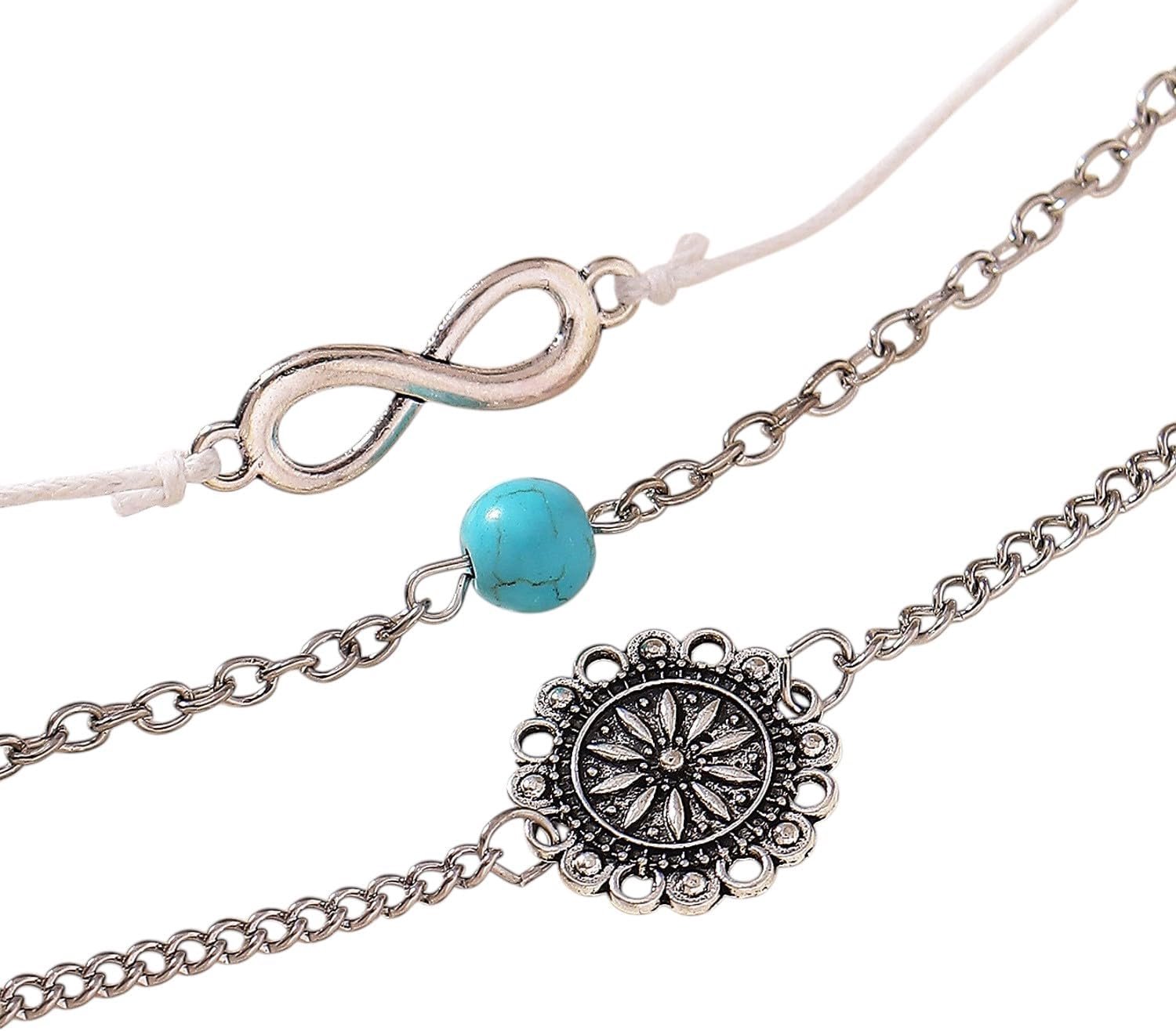 meberg Karma NH11098747 Enkelkettinkjes, set zilver of goud, legering, voetkettinkje, strandsieraad, voetsieraad, damesenkelketting, oneindigheidssymbool, mandala, hanger en turquoise parel