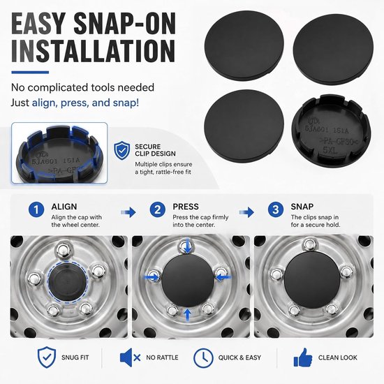 4 stuks wielnaafdoppen 56 mm van ABS, zwarte naafdoppen met 51 mm binnendiameter en 13 mm hoogte, universele velgdoppen voor autovelgen — afbeelding 5