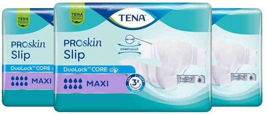 TENA Proskin Slip Maxi verpakking met 3 pakken, paars-groen met witte en blauwe letters. Beschrijvingen: TENA, Proskin Slip, DuoLock™ CORE, MAXI, FeelDry ADVANCED.