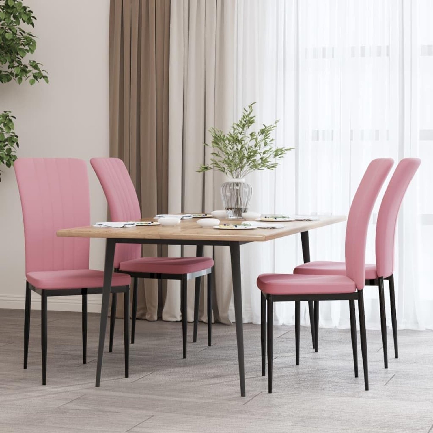 Set van 4 fluwelen eetkamerstoelen, roze met ijzeren frame, zachte bekleding en mooi gevormde rugleuning, stabiel tot 110 kg, inclusief montagehandleiding