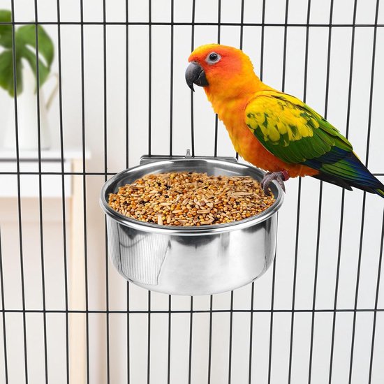 Hypeety huisdier vogel voedsel voeden en drinken opknoping beker klem houder roestvrij staal opknoping kom voor papegaai Macaw Afrikaanse grijzen Budgies Parakeet Cockatiels Conure Lovebirds Finch duif kooi — afbeelding 3