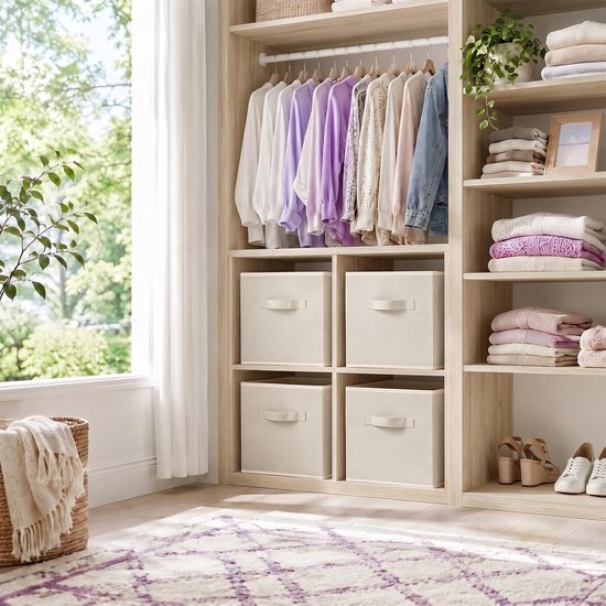 Set van 2 opvouwbare opbergkubussen van stof, 26,7 × 26,7 × 28 cm grote opbergmanden in linnenlook met een robuuste draaggreep, opvouwbare opbergkubus, beige — afbeelding 4