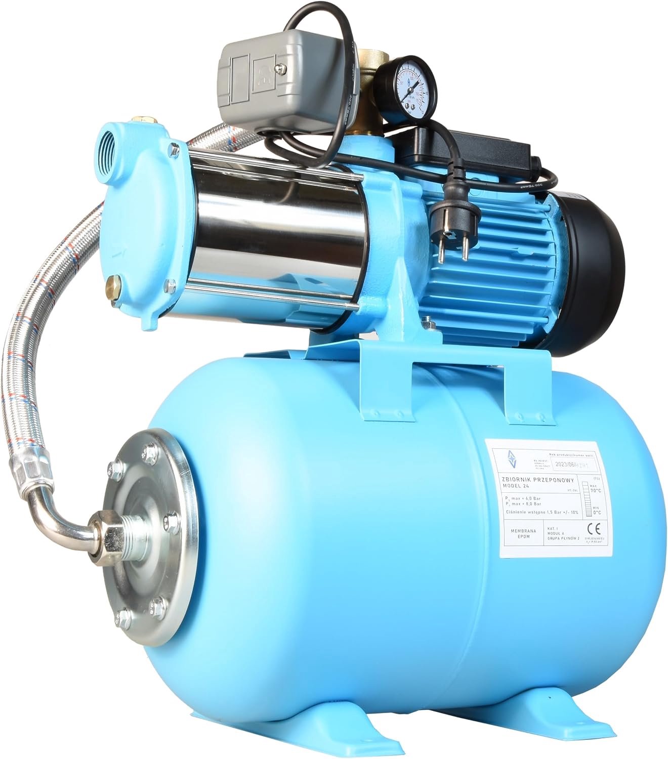 Huiswaterpomp MAX-H 1300 - centrifugaalpomp 6000 l/u, 1300 W, opvoerhoogte 55 m - 24 l drukketel - huiswaterautomaat met drukschakelaar manometer - waterpomp roestvrij staal INOX - voor tuinirrigatie