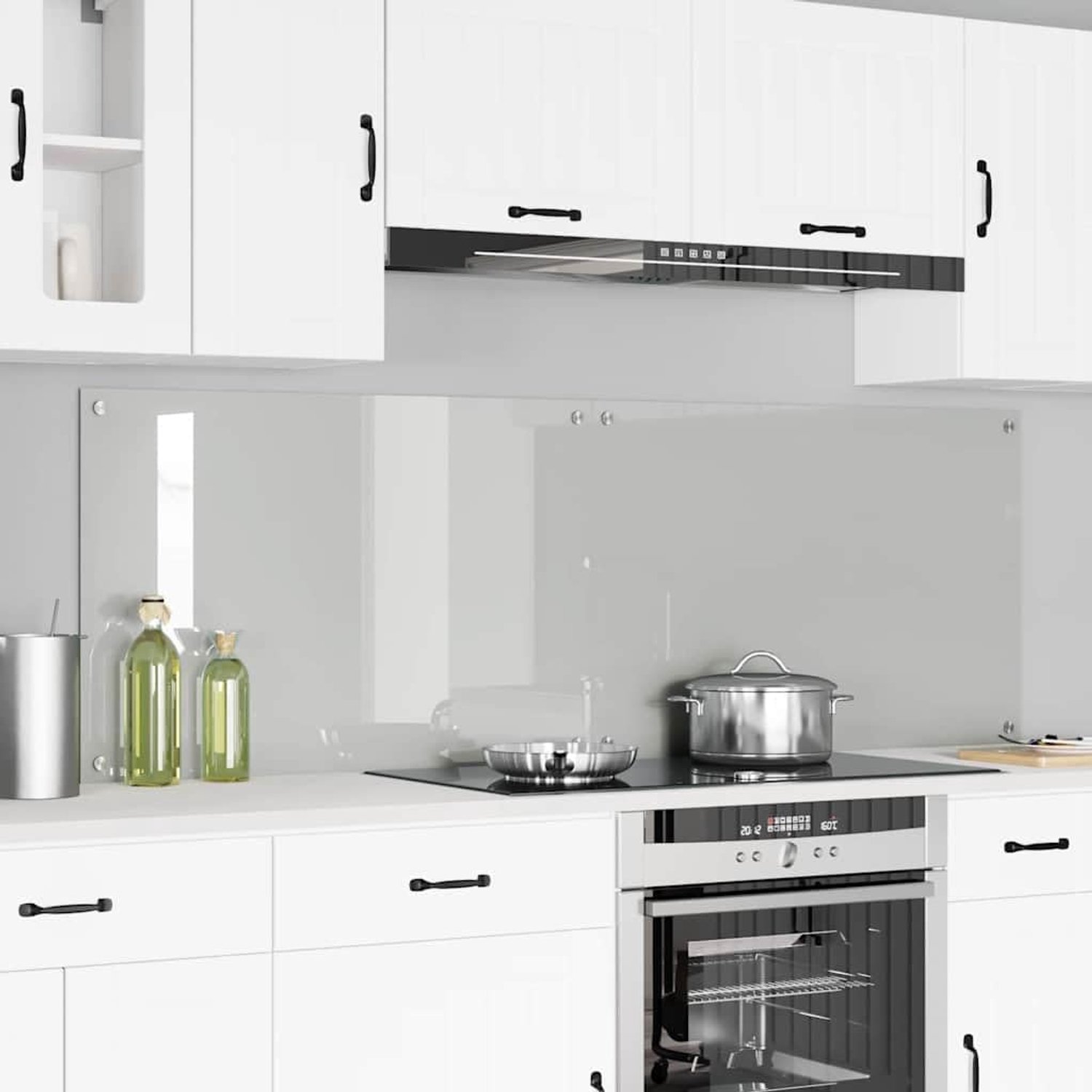 Keukenachterwand, set van 2, 90 x 60 cm, van gehard glas, spatbescherming voor keuken, transparant, hittebestendig, 8 mm dik