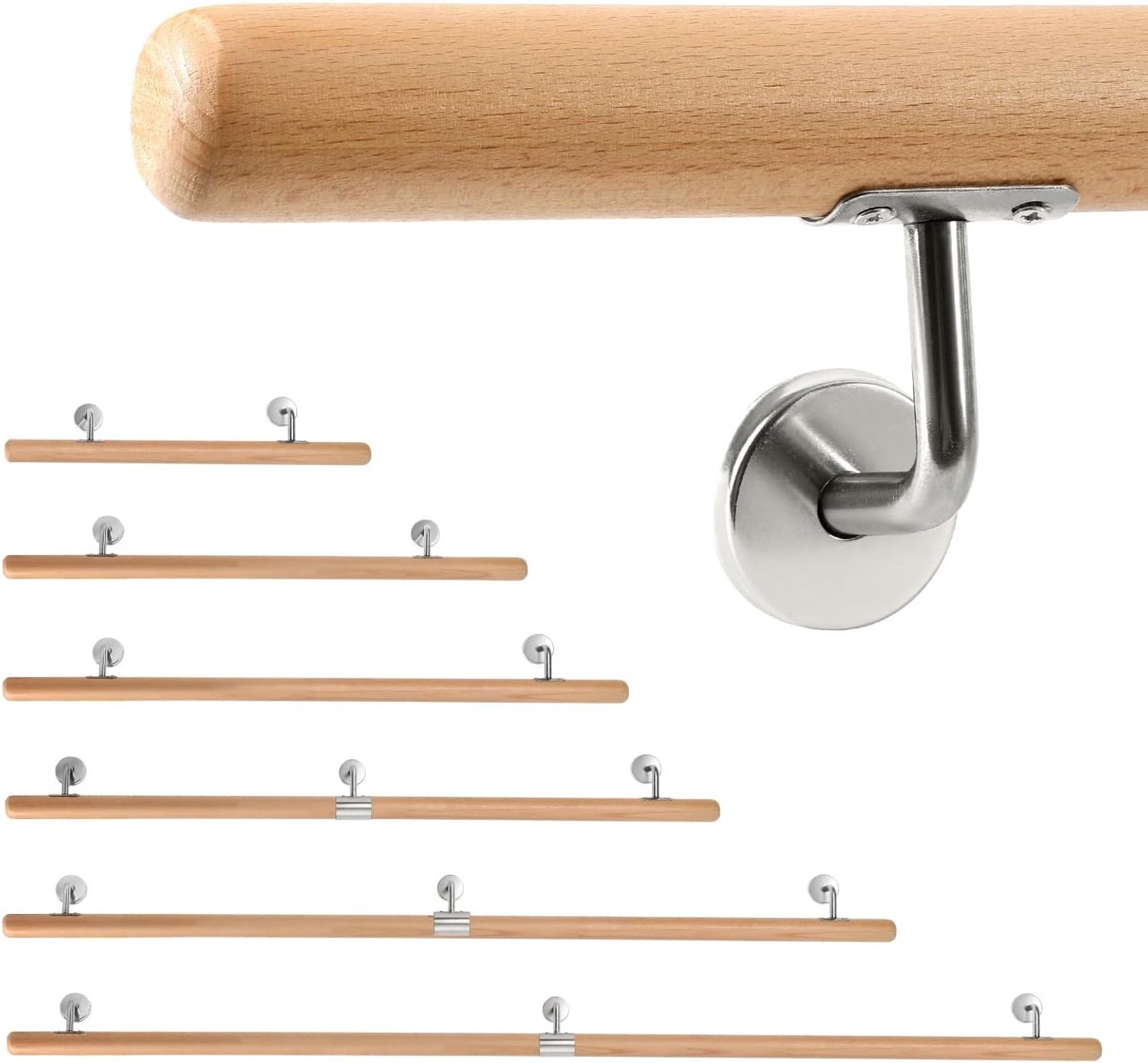 Houten trapleuning, 150 cm, reling voor trap, Ø 42 mm, wandleuning zijmontage, inclusief wandhouders, montagemateriaal