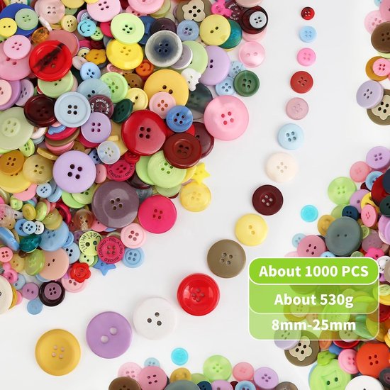 1000 stuks kleurrijke knopen om te knutselen, 530 g knopen, kunststof knutselknopen, kinderknopen, grote knopen in gemengde kleuren en maten voor knutselen, naaien, kinderknutselen, schilderen — afbeelding 2