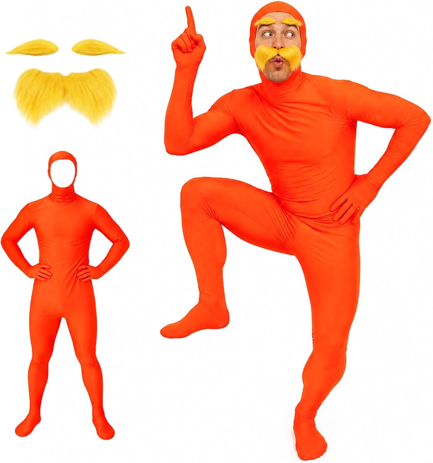 Oranje full-body pak – Halloweenkostuum heren met 1 full-body pak, oranje, gele snor en wenkbrauwen, uniseks kostuum voor carnaval en feest