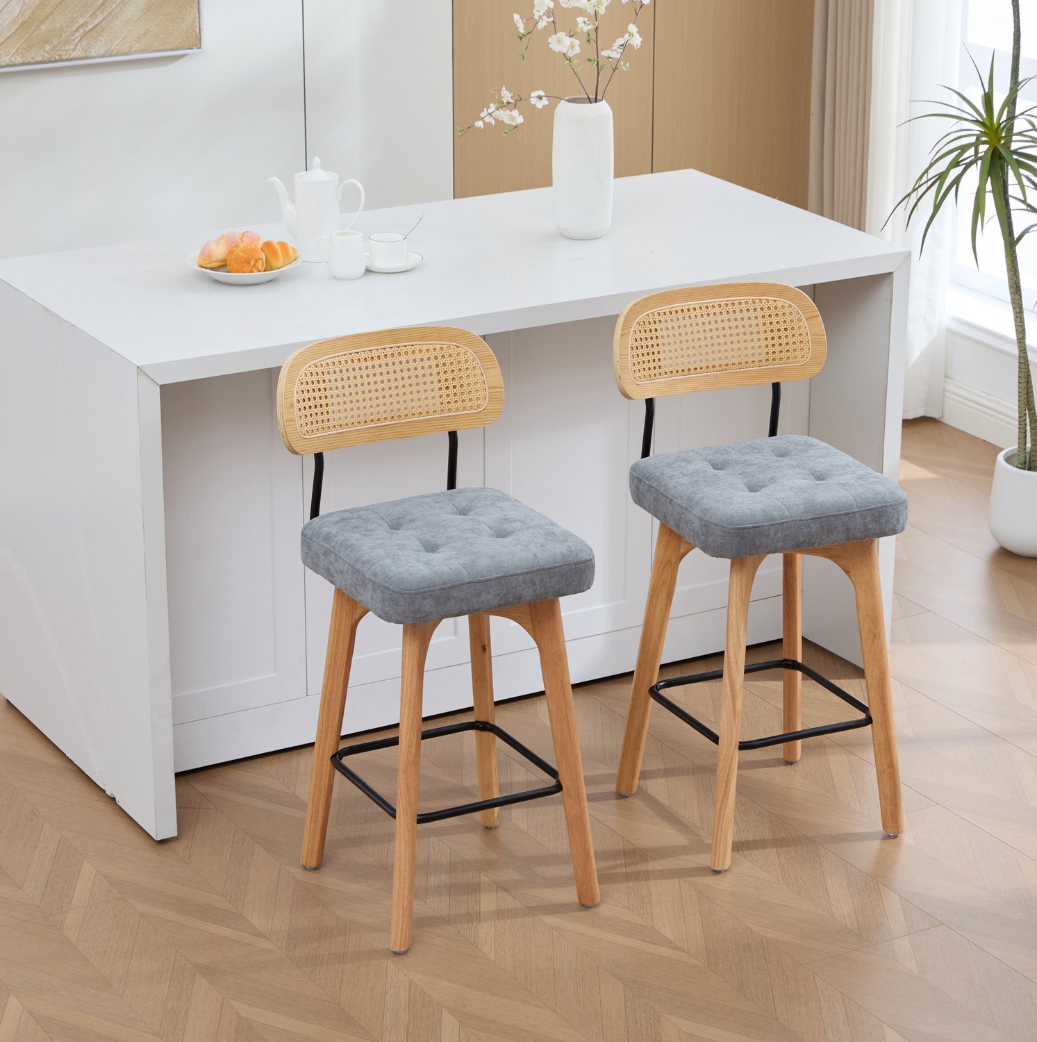 DESMIU Barkruk 44x51x96 cm - Set Van 2 - 360 Graden Draaibaar Met Rugleuning - Keukenbar En Ontbijtbar - Chenille Rotan Hout Metaal Grijs