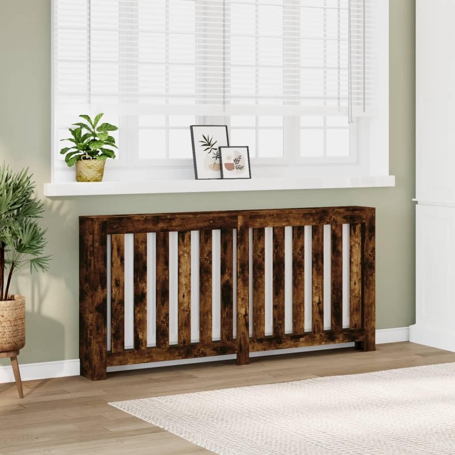 Radiatorbekleding, 175 x 20 x 82 cm, rookeiken, houtmateriaal, verwarmingsafdekking met lattendesign, verwarmingsbekleding