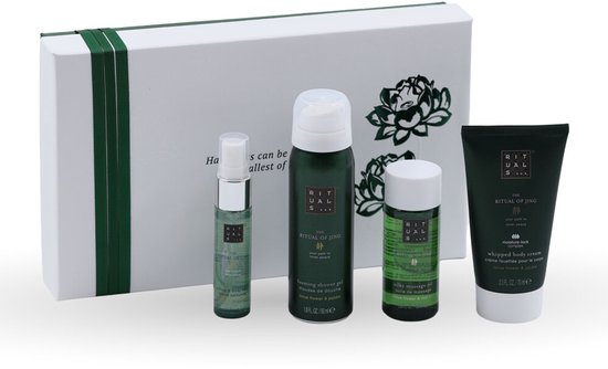 The Ritual of Jing geschenkset met douchegel, bodycrème, massageolie en mist in groene verpakking.