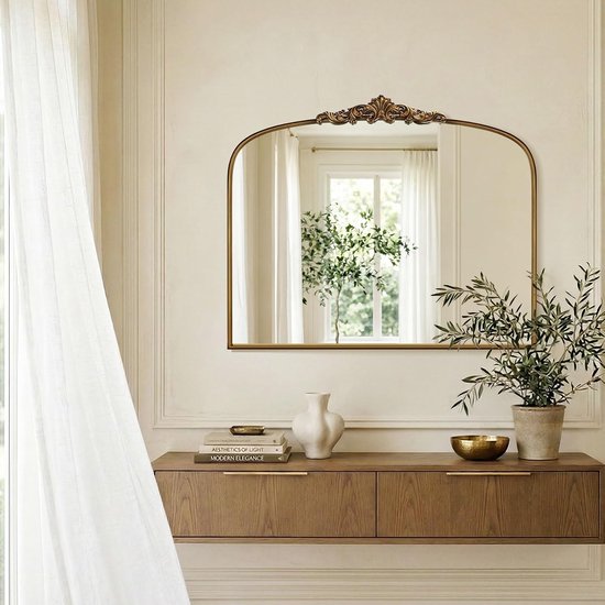 Vintage gouden, sierlijke barokke spiegel - 36 x 30 inch gebogen antiek messing spiegel met volledig metalen frame - ideaal voor entree, open haard, woonkamer, hal, badkamer — afbeelding 5