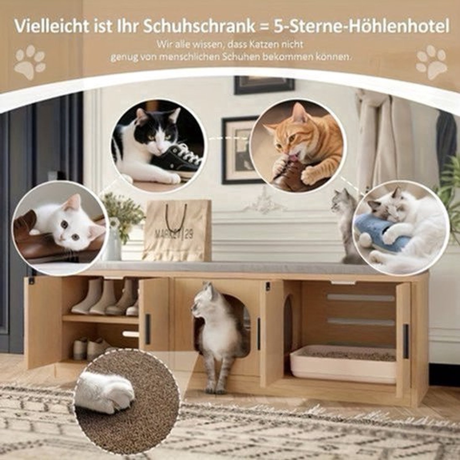 Kattenbakmeubel – Kattenbak Kast – Kattenbakkast – Kattenhuis – Kattenbak Ombouw – Verborgen Ontwerp – Geïntegreerde Krabpaal – Ruim Opbergvak – Natuurlijk Materiaal