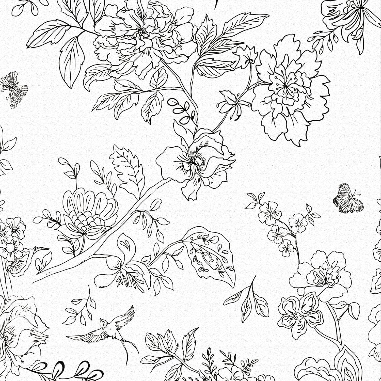 Behang, 44 x 500 cm Bloemen en Vogels Behang Bos Behang Zwart Bloemen Blad Planten Muurpapier Zelfklevende Meubelomslag voor Woonkamer, Badkamer, Lade