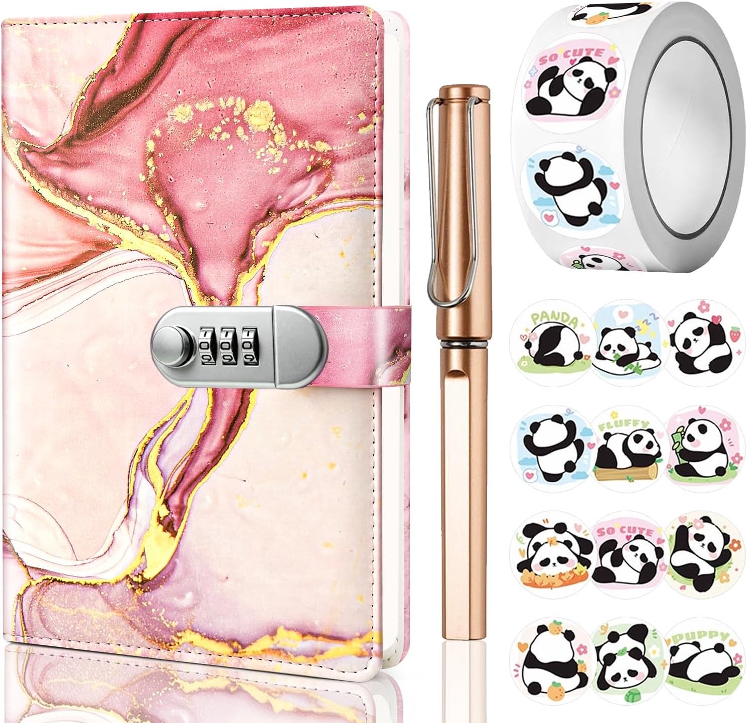 Agenda met Slot voor Meisjes, A5 Agenda met Code, Navulbaar Notitieboek van Kunstleer met Pen en Stickerset, Notitieboek met Slot om in te schrijven, Studenten, 21x15cm (Roze)
