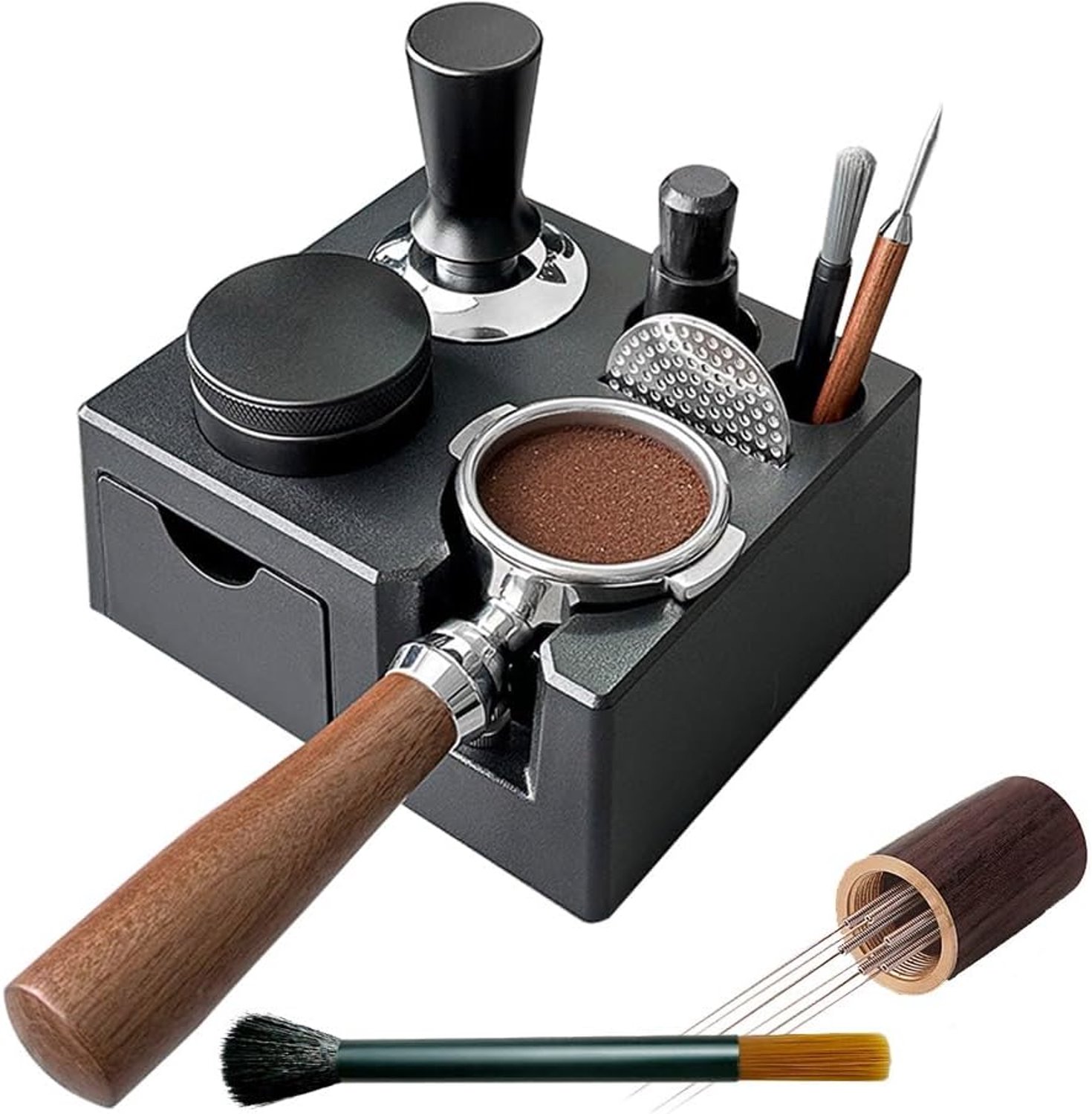 Espresso aanstampen station met lade, koffie stamper houder basis voor 51/54/58MM Espresso Tamper Portafilters met 6 Naalden Espresso Koffie Roerder en Borstel (zwart)