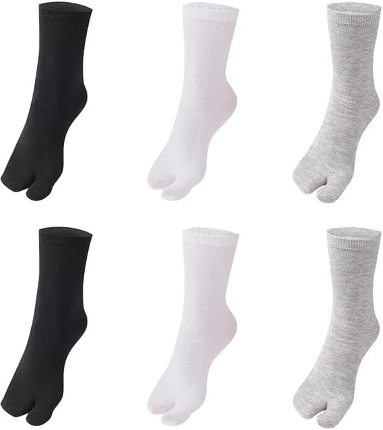 6 paar split-toe-sokken voor dames, Japanse geta-katoenen sokken, tabi flip-flopsokken, elastische katoenen sokken met split toe (2 x wit + 2 x grijs + 2 x zwart)