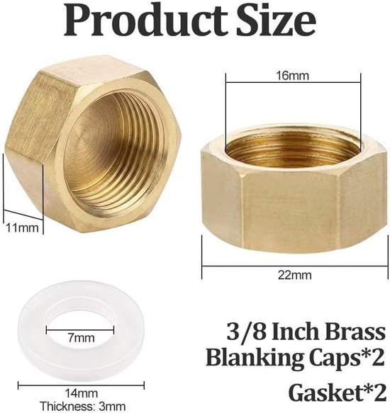 2 stuks blinde stoppen, afsluitdop 3/8 inch met rubberen afdichtingen, messing kap zeskant, slangdoppen, schroefdop voor tuin, waterleiding — afbeelding 5