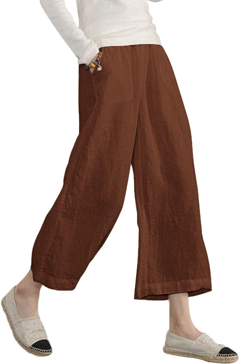 Ecupper Damesbroek, elastische taille, brede broek, vloeiend, cargobroek, zomer, 7/8, katoen
