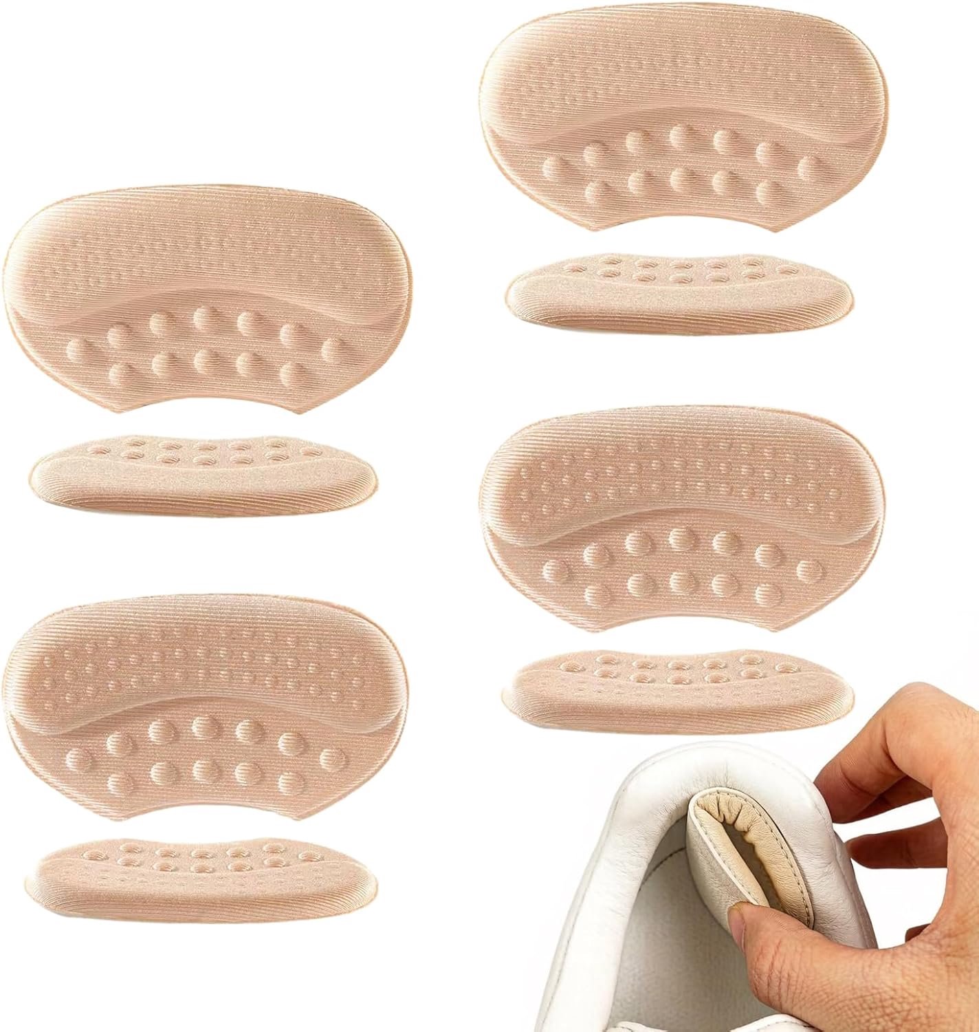 4 paar hielkussens, hielbeschermers voor grote schoenen (3 mm en 6 mm), zelfklevende hielbeschermers van zachte stof tegen blaren en wrijving, beige