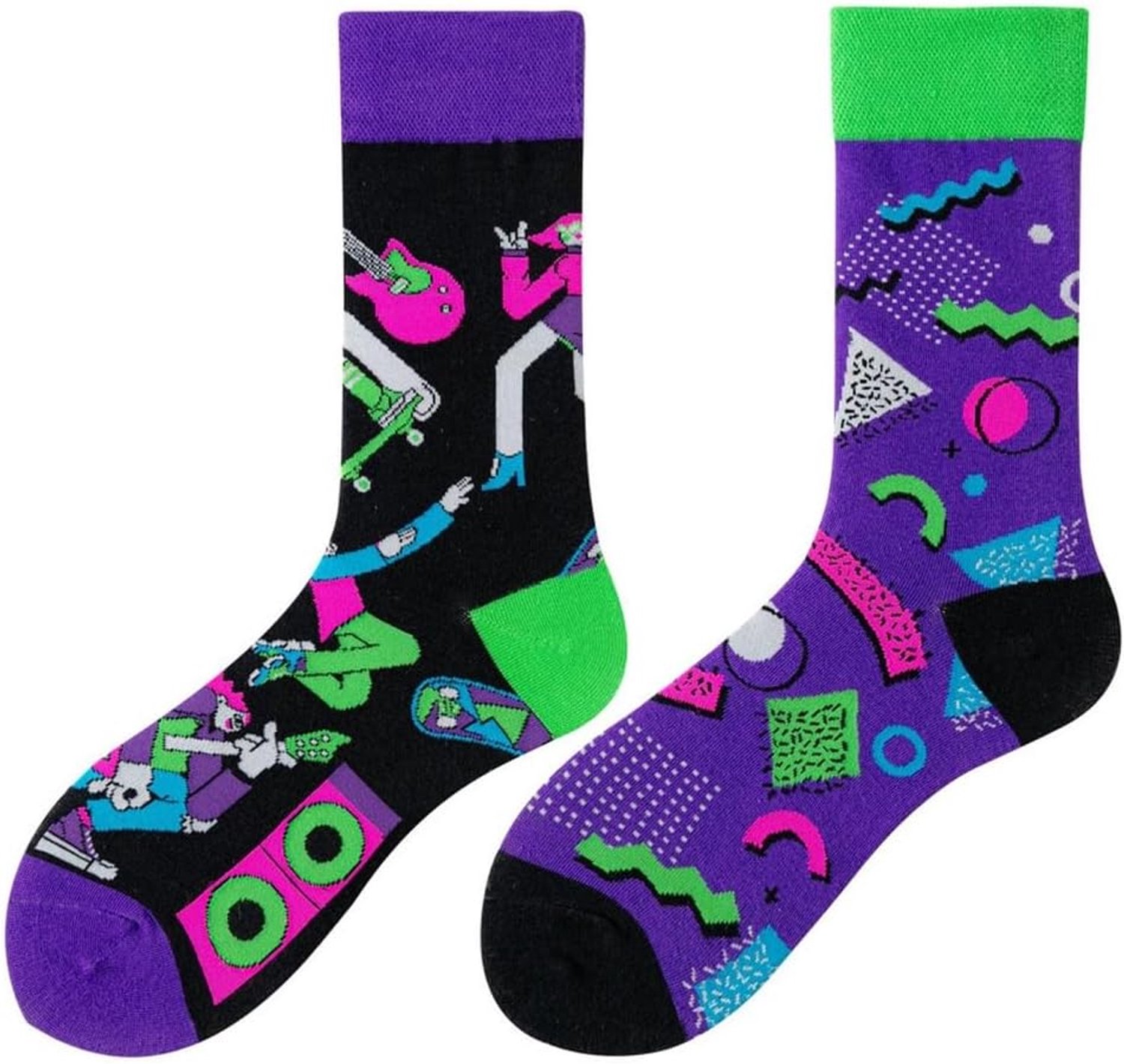 Sokken met Jaren 90 design - 36-40 - Paar verschillende sokken met Gitaren en Nineties Neon - Retro/Oldskool