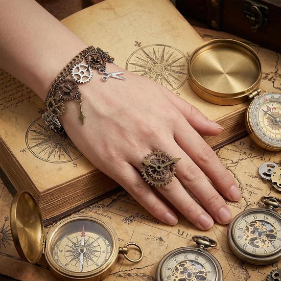 Steampunk 5 stuks damesaccessoires, tandwielen, hangers, halsketting, oorbellen, ring, armband, haarspeld, vintage stijl, metaal, voor carnavalskostuum — afbeelding 5