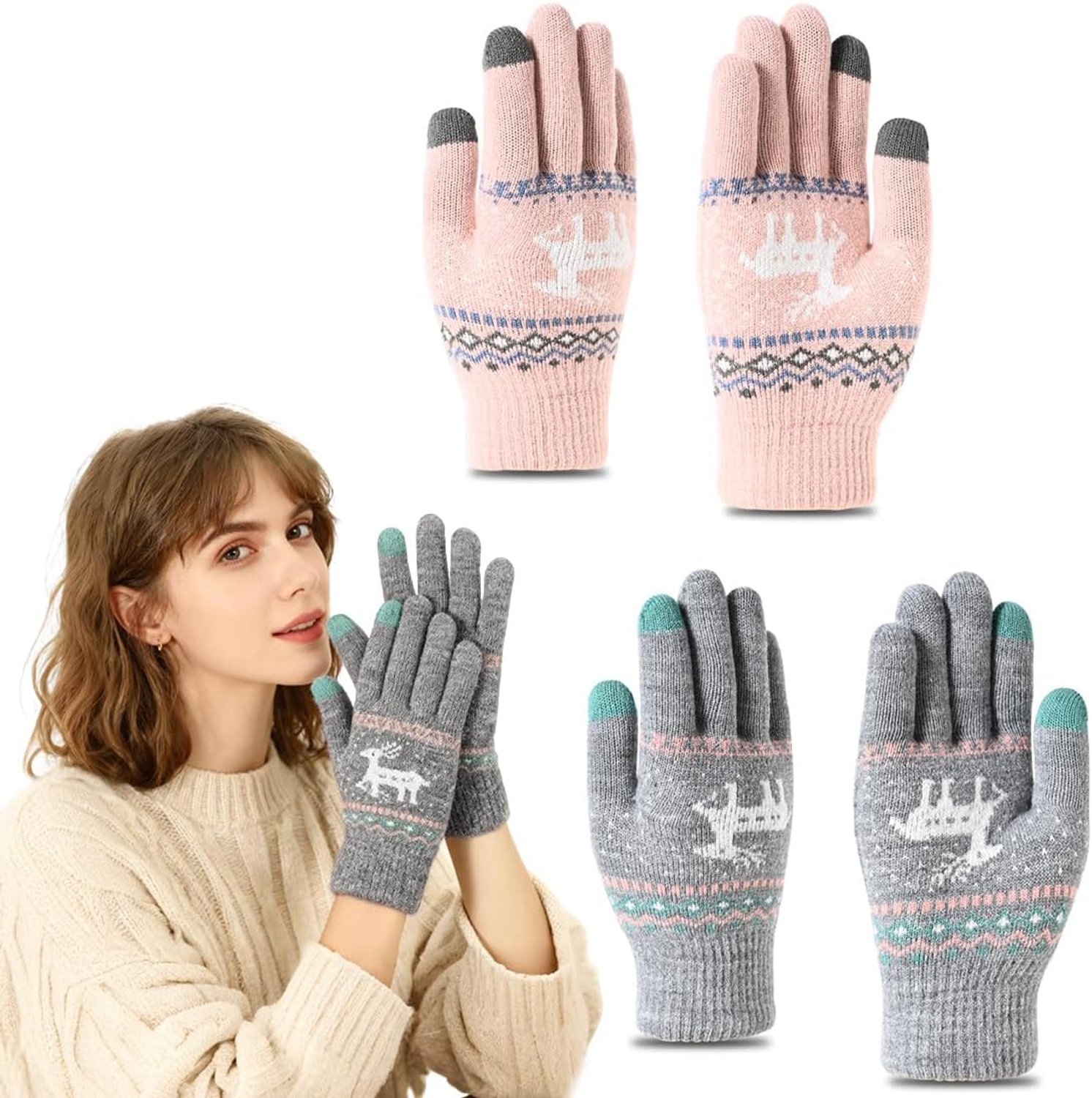 2 paar winterhandschoenen voor dames, touchscreen, rendiermotief, thermohandschoenen van polarfleece, dubbellaags, voor skiën en snowboarden, kerstcadeaus in roze en grijs, 2 paar