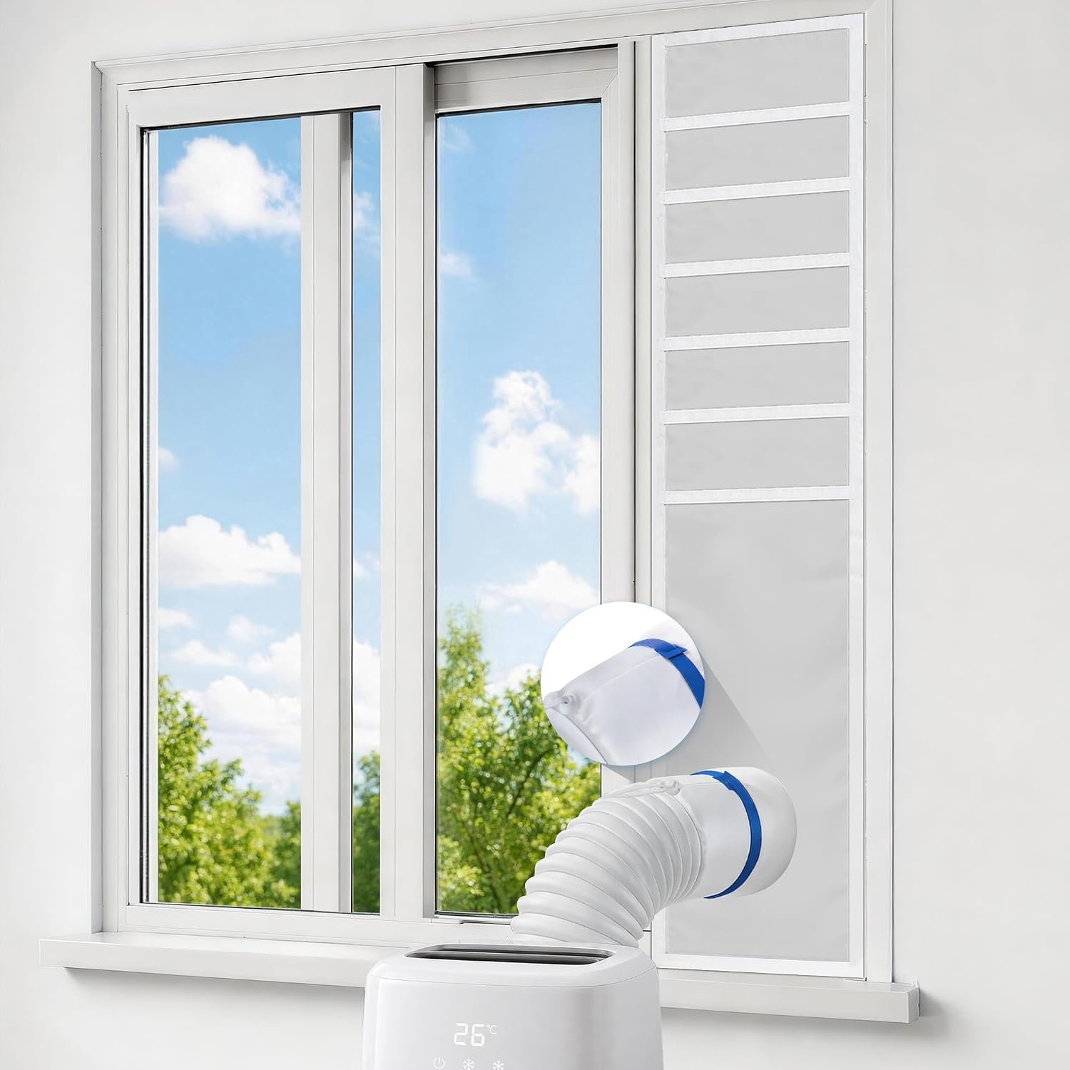 Raamafdichting voor mobiele airconditioners, raamafdichting voor schuiframen, 100% afdichting, 25 x 102-162 cm, in lengte verstelbaar