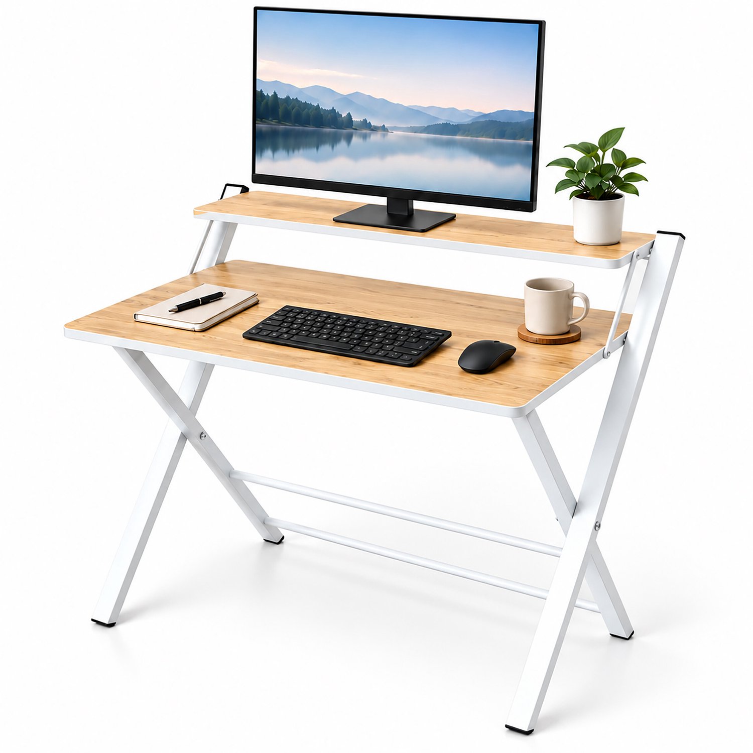 Bureau inklapbaar - met monitor verhoger - 82x70x56 cm - bruin-wit