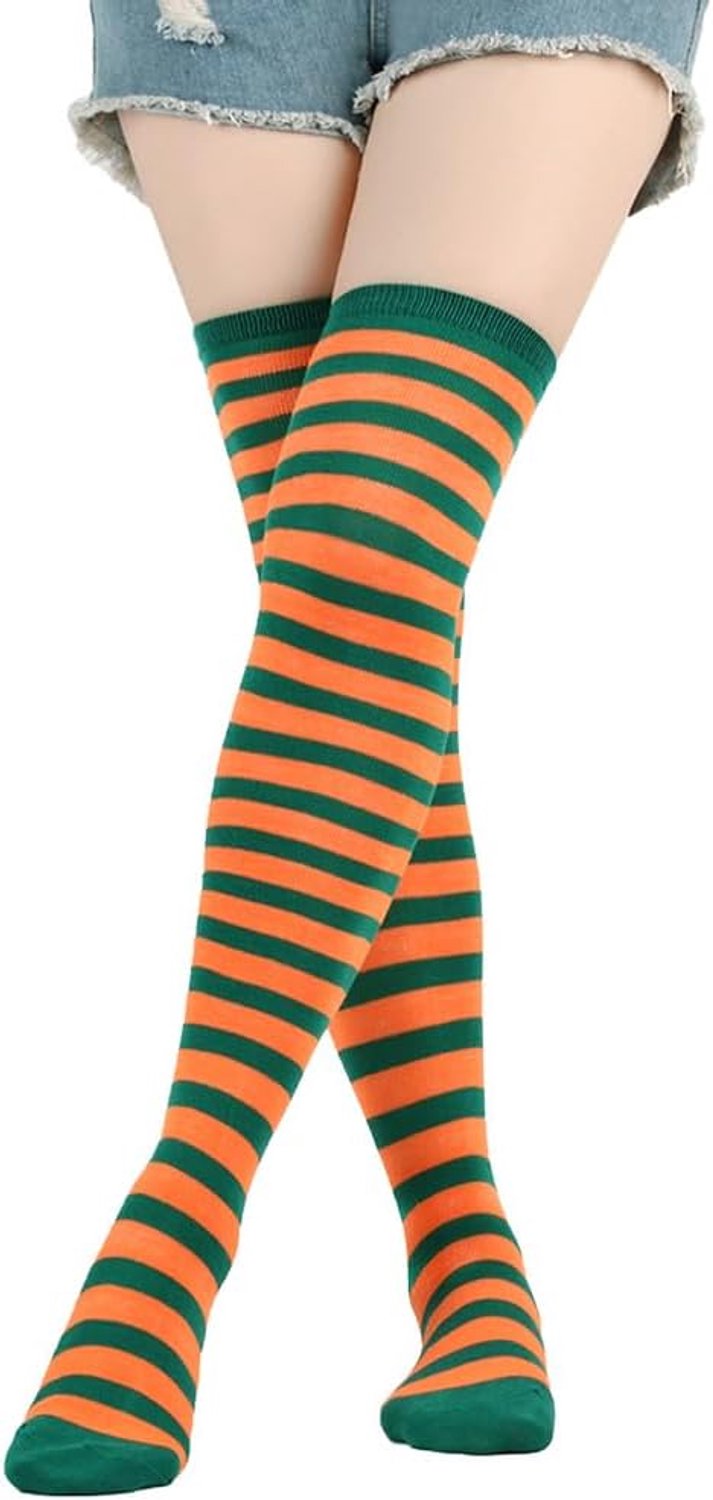 2 paar overknee sokken hoge dijlaarzen kousen vrouwen kniekousen voor meisjes cosplay, dagelijks gebruik, oranje en groen