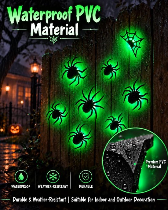 9 stuks groene ledlampen, 3D-spinnendecoratie, led-Halloween-decoratie, spinnenstickers met 9 verschillende maten, helloween decoraties, spinnen, ledverlichting, paars, voor ramen, deur, muur — afbeelding 5
