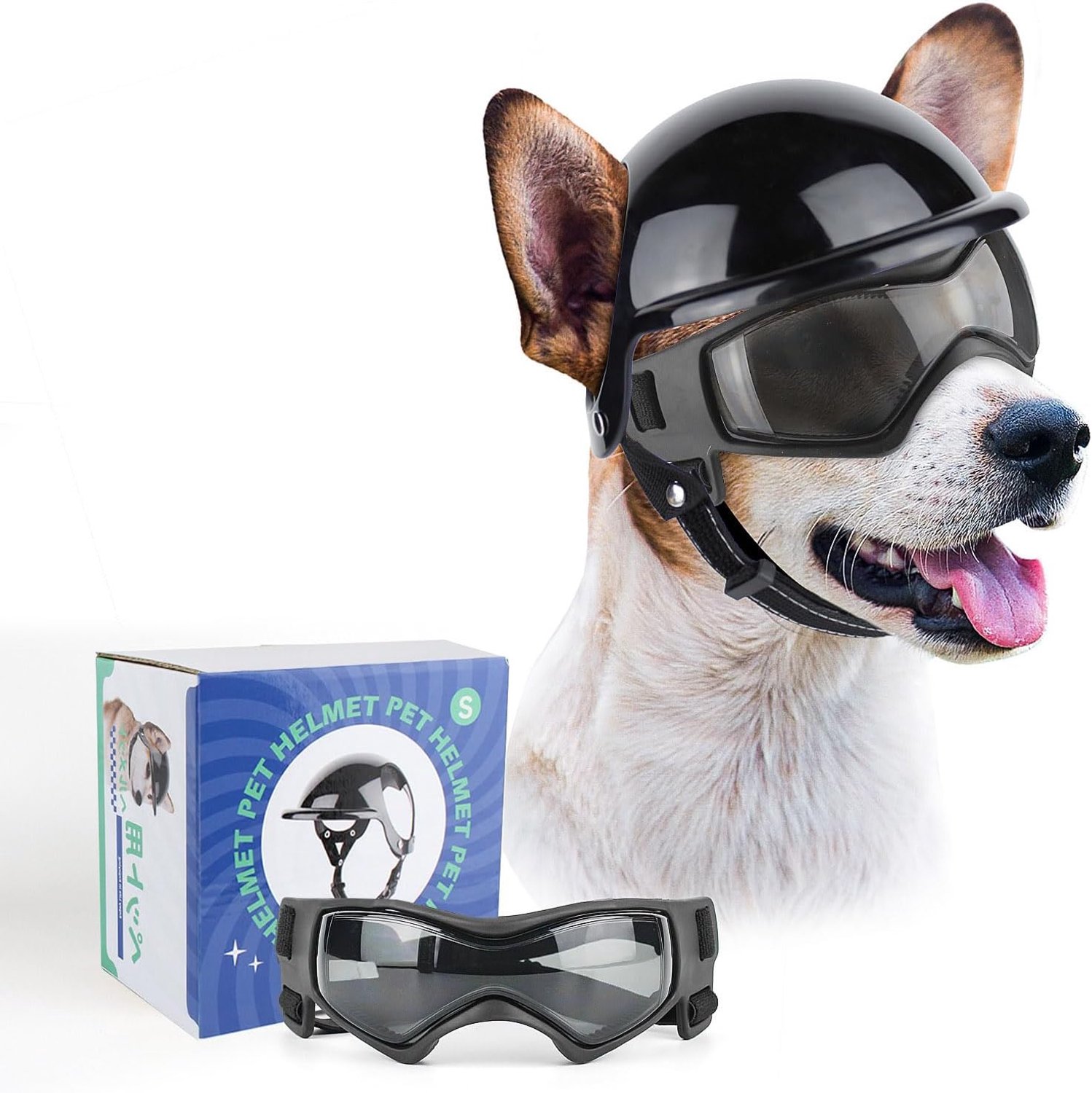 Hondenbril met helm, hondenhelm en bril, 2-delige set voor kleine en middelgrote honden, zwart