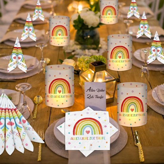 20 stuks servetten, doop + 12 stuks windlicht tafeldecoratie, doopdecoratie, decoratie voor meisjes en jongens, regenboog, doopgeschenken, gastgeschenk, feestdecoratieset — afbeelding 5