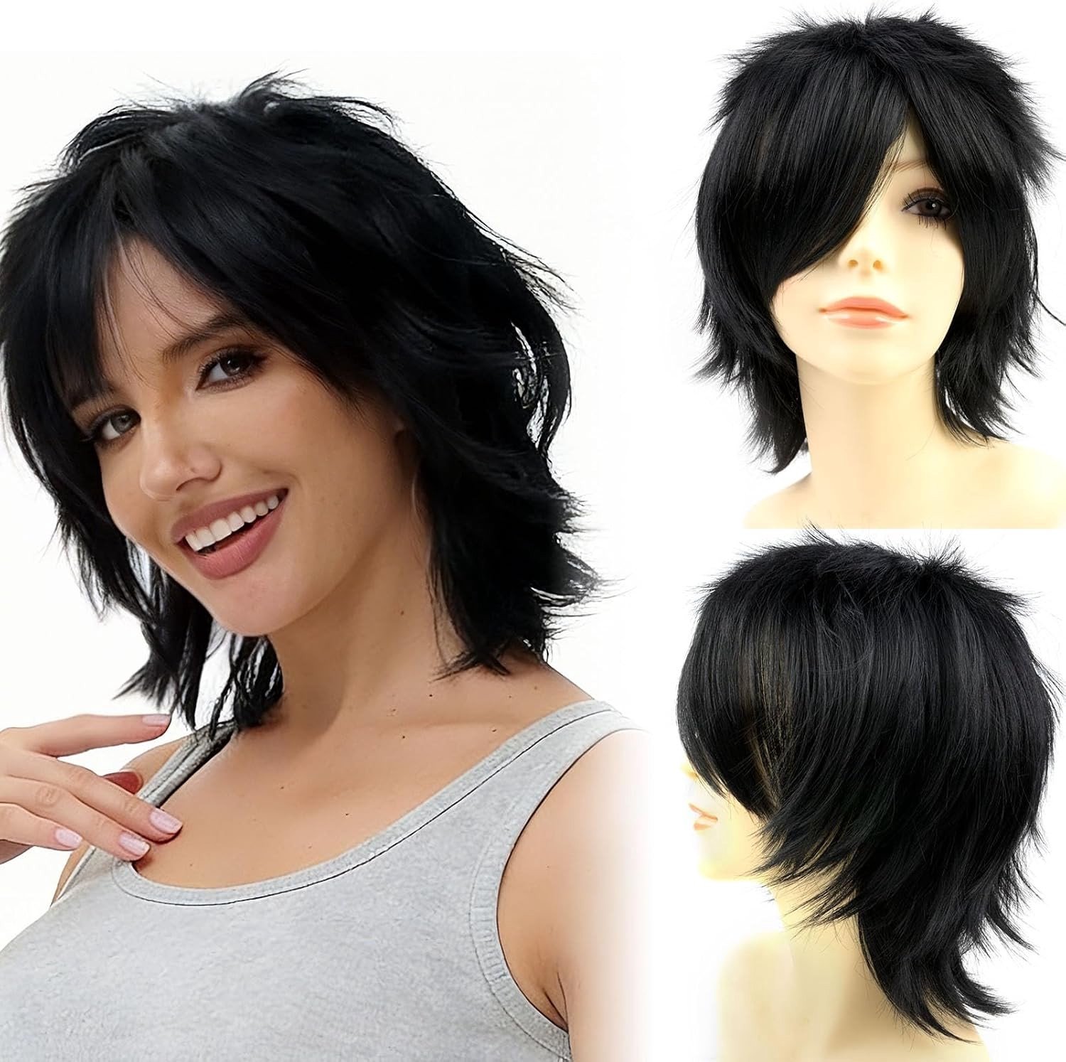 Korte Zwarte Anime Perucque voor Cosplay, Halloween Kostuum en Carnaval Feestjes