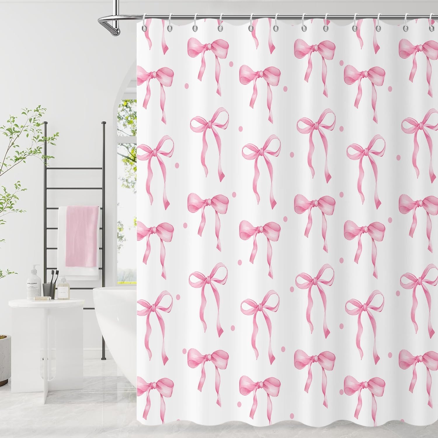 Shower Curtain 180 x 200 cm Pink Cute Aesthetic Bow, Waterproof Material, Machine Washable, Bathroom Curtain with Hooks - ShopVlot