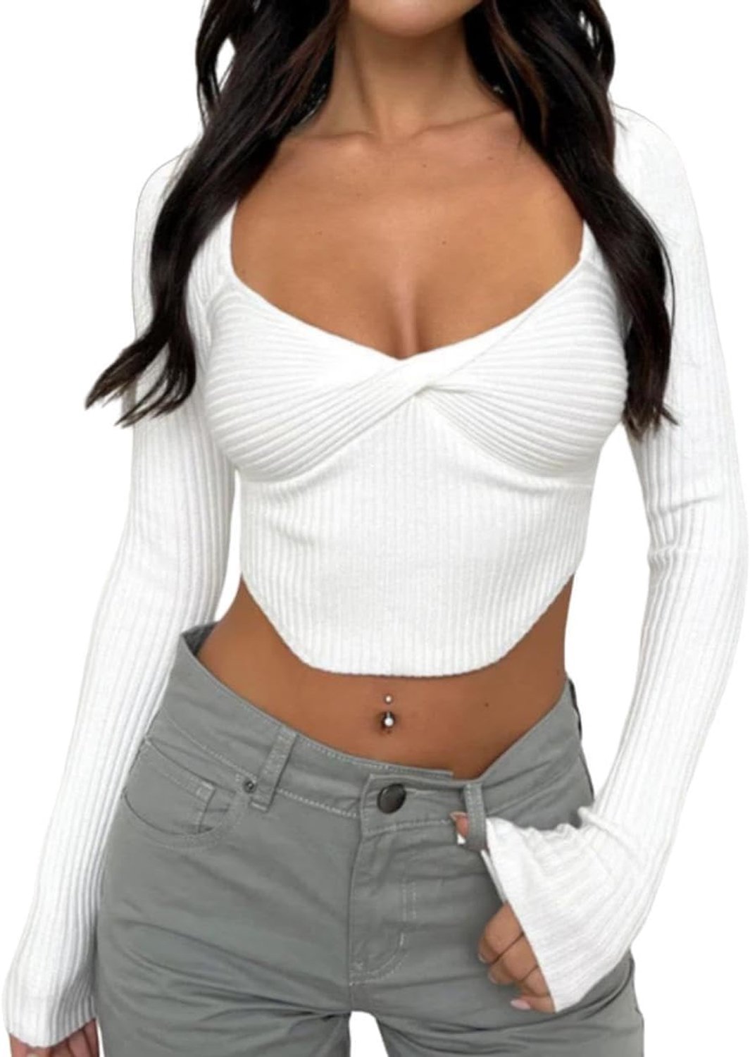 Crop Tops dames lange mouwen gebreid crop T-shirt sexy buikvrij bovenstuk sweetheart kraag slim fit lange mouwen Y2K cropped top effen geribbelde trui elegante modieuze streetwear