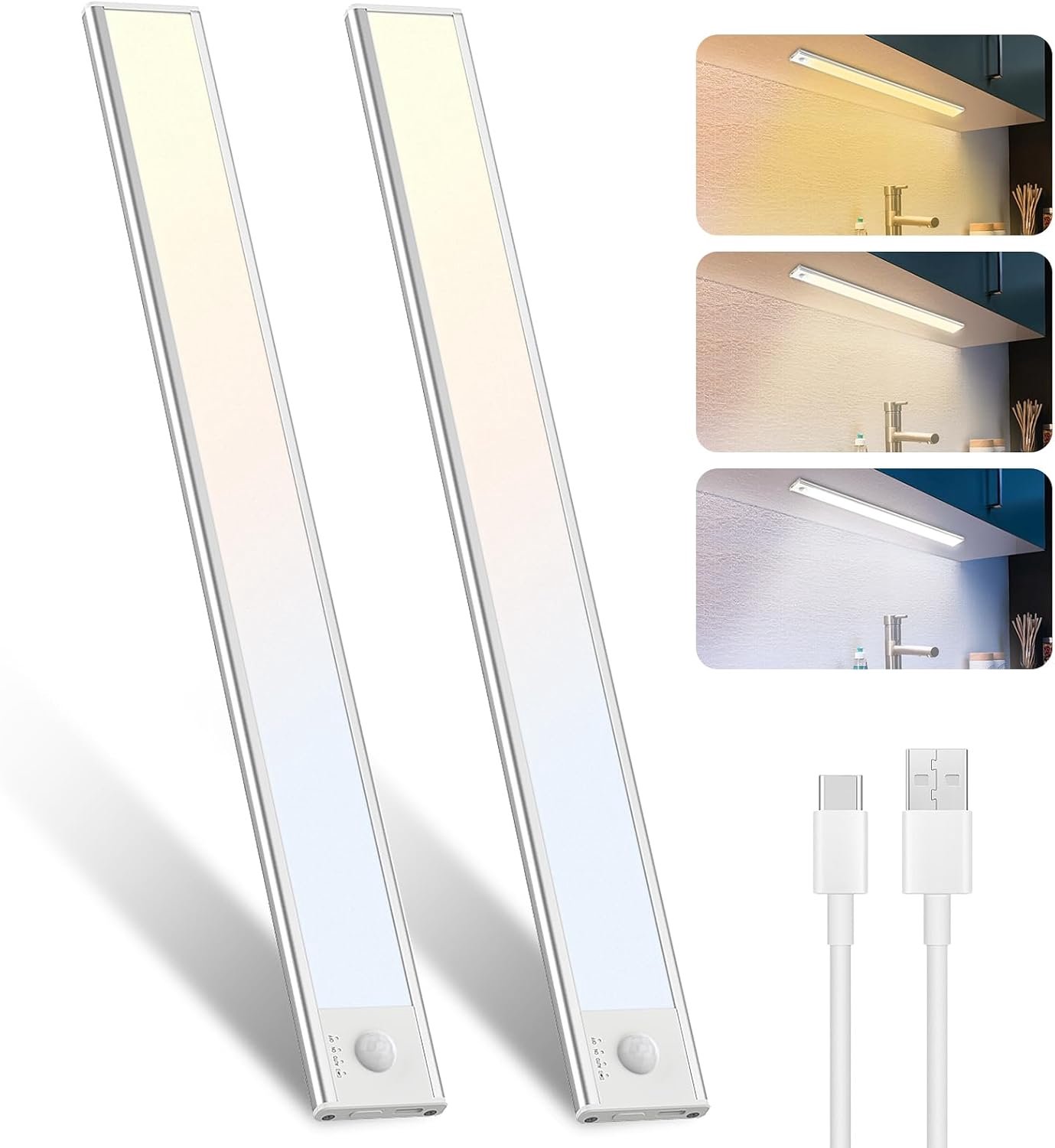 libtit Kastlicht met bewegingsmelder - 30 cm dimbare onderbouwlamp 3000K-4000K-6500K - draadloze LED-lijst, type C USB oplaadbaar kastlicht voor trap kledingkast slaapkamer - 2 stuks