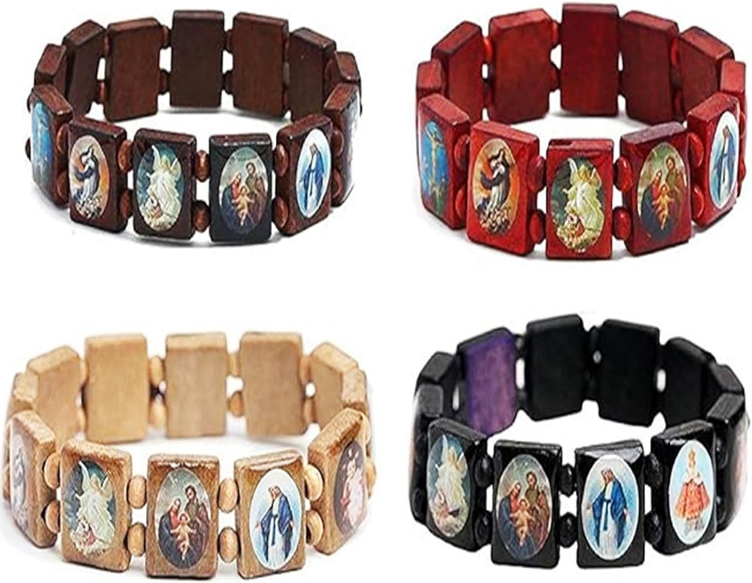 Christelijke armband hout Heilige heiligen armbanden rozenkrans katholiek stretch armband met afbeeldingen Jezus armband religieuze heilige heilige goden godin gebed, 4 stuks